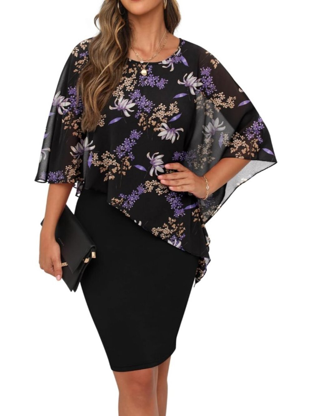 Women's Summer Casual Loose Purple Leaf Knee Length Chiffon Flowy Elegant Dress